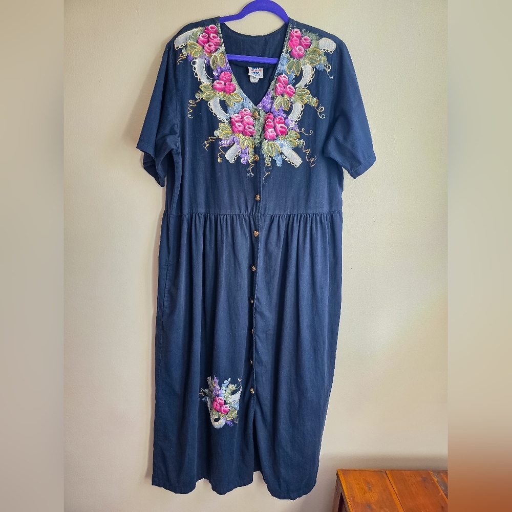 Navy Floral Embroidered Midi Dress